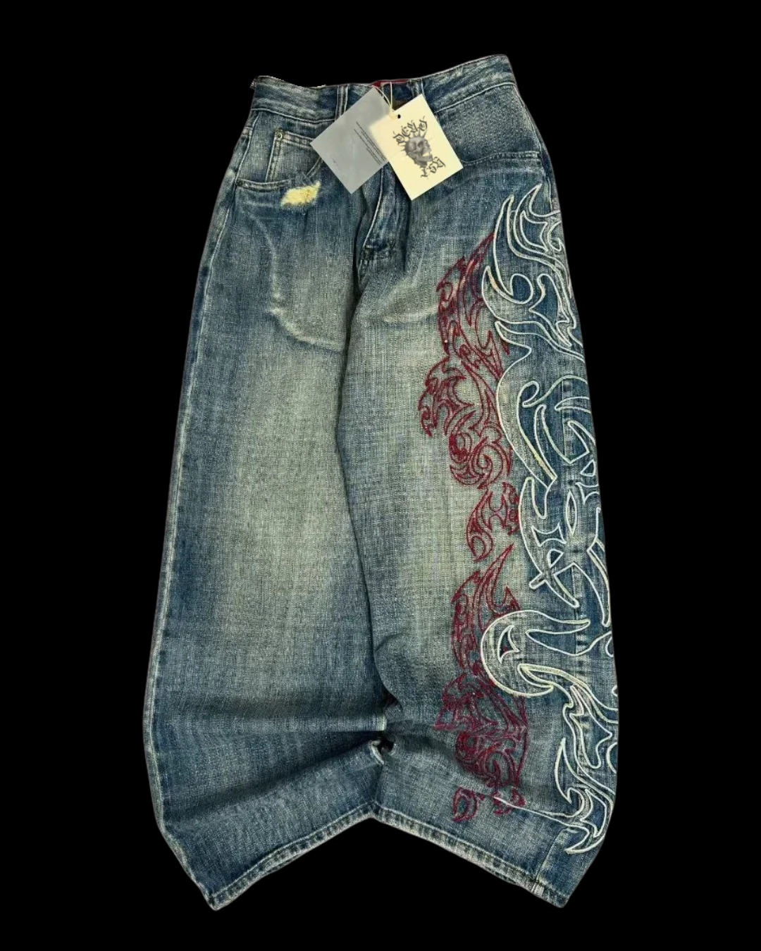 Blue straight leg jeans with contrasting abstract graphics on one leg