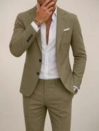 Men's tailored two-piece suit with notched-lapel blazer and matching trousers
