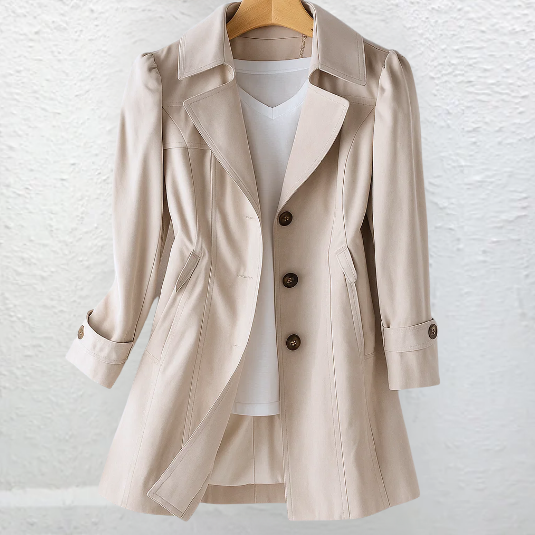 Women's structured trench coat with notched lapels, buttons and long sleeves