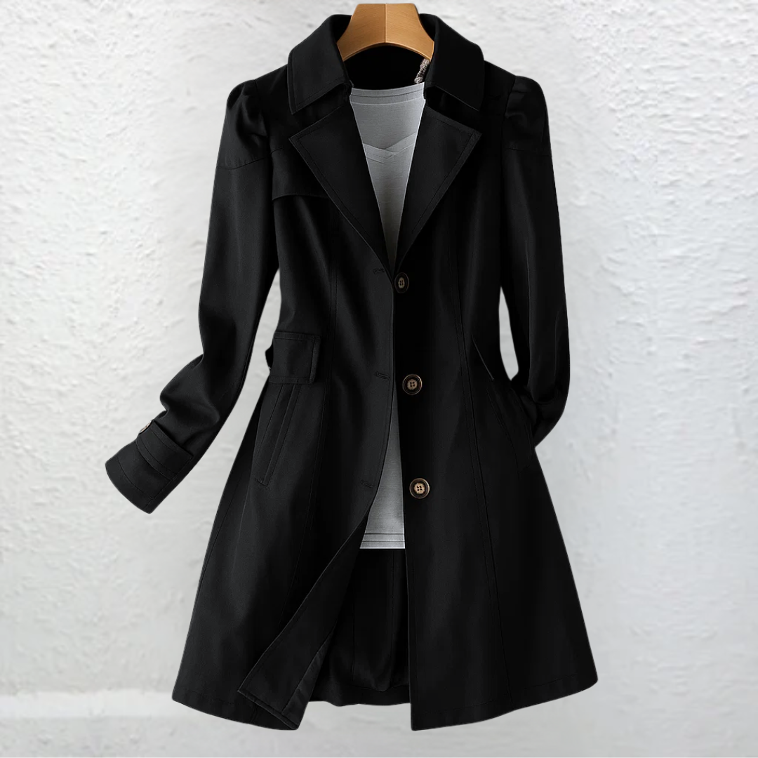 Women's structured trench coat with notched lapels, buttons and long sleeves