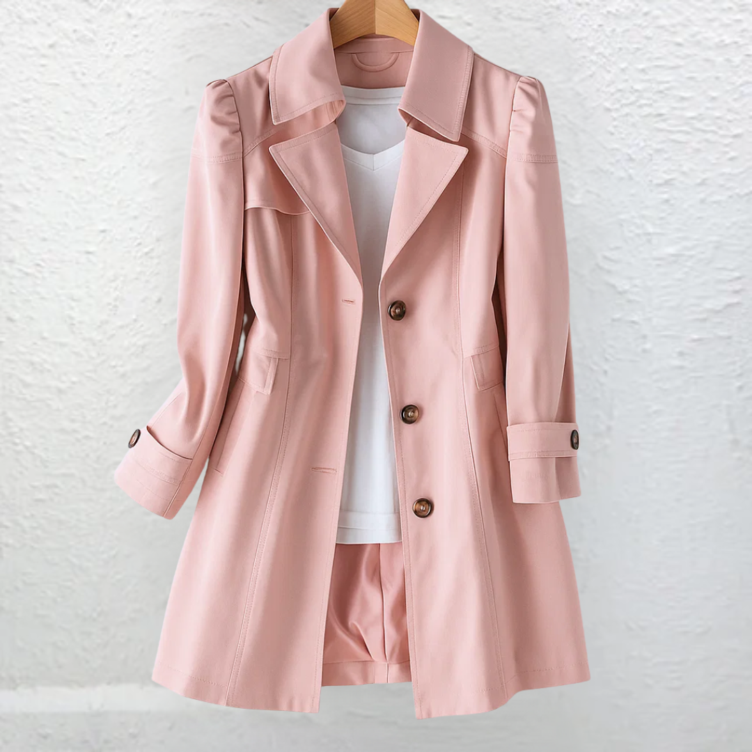 Women's structured trench coat with notched lapels, buttons and long sleeves