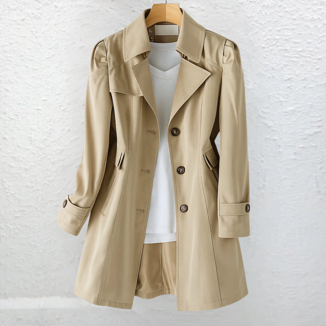 Women's structured trench coat with notched lapels, buttons and long sleeves