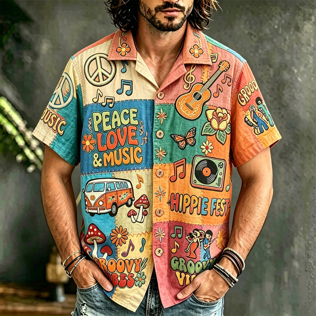 Men's multicolor patchwork graphic shirt with music-themed artwork