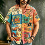 Men's multicolor patchwork graphic shirt with music-themed artwork
