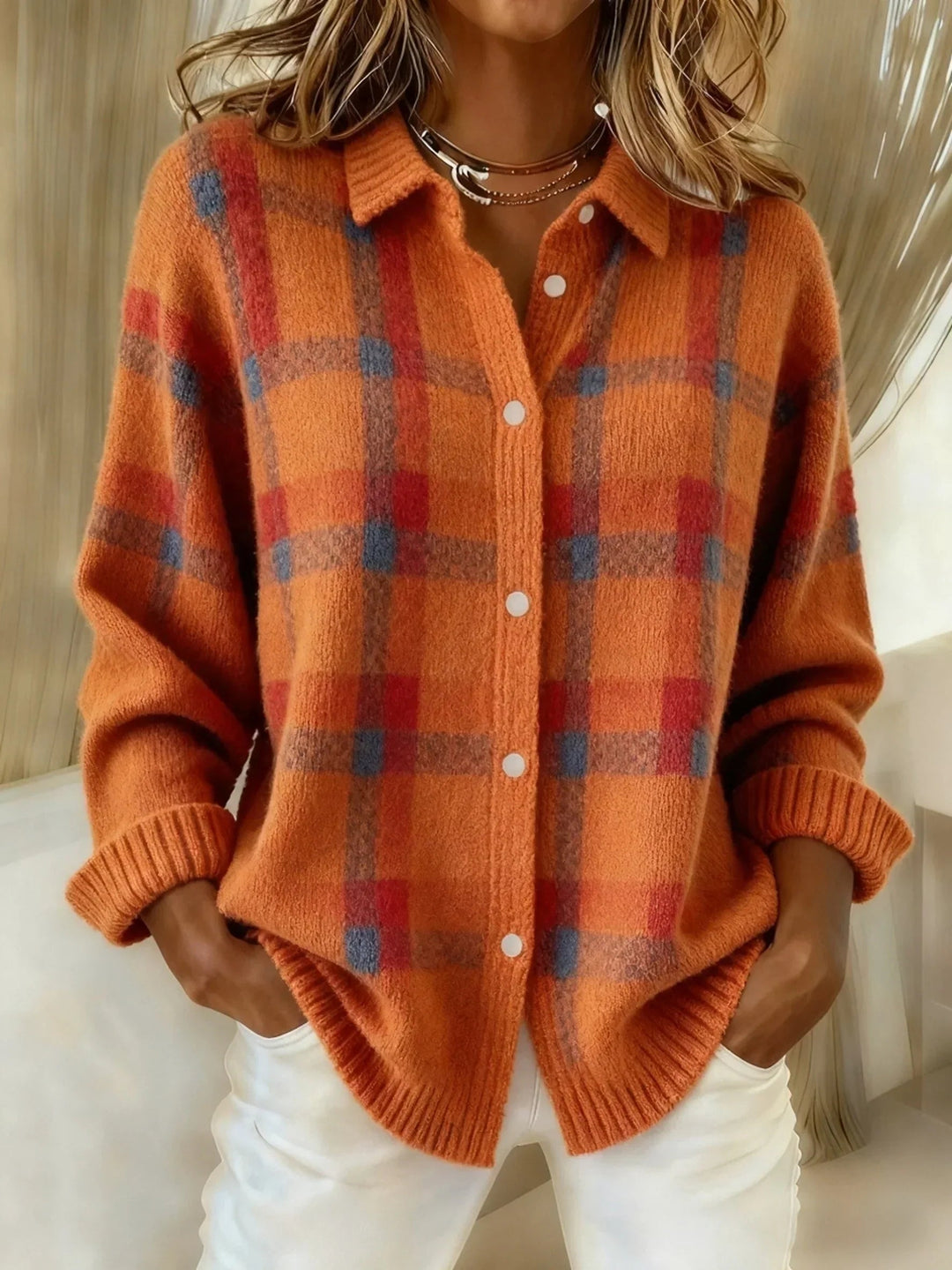 Women's multicolour checked knit shirt with collar and buttons