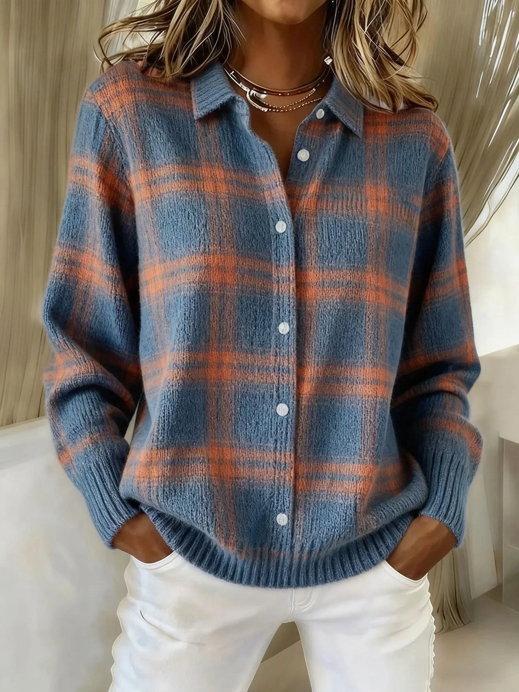 Women's multicolour checked knit shirt with collar and buttons