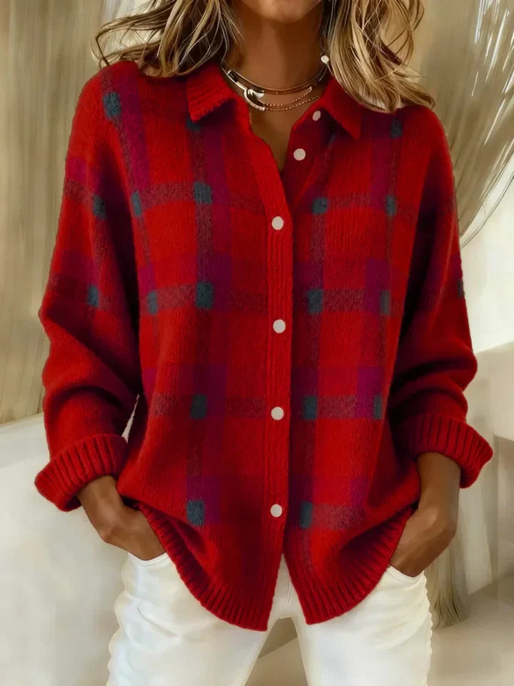 Women's multicolour checked knit shirt with collar and buttons