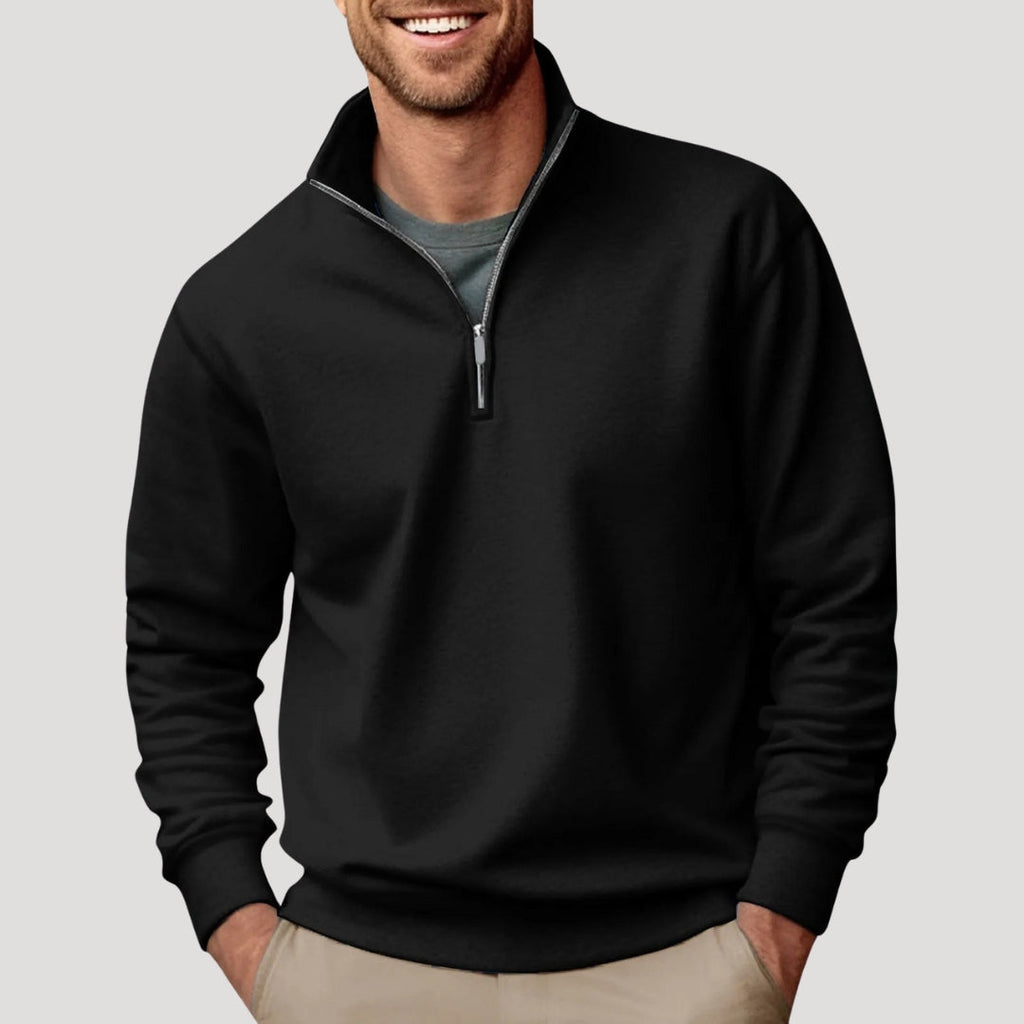 Men's white half-zip sweatshirt with stand collar and ribbed trims