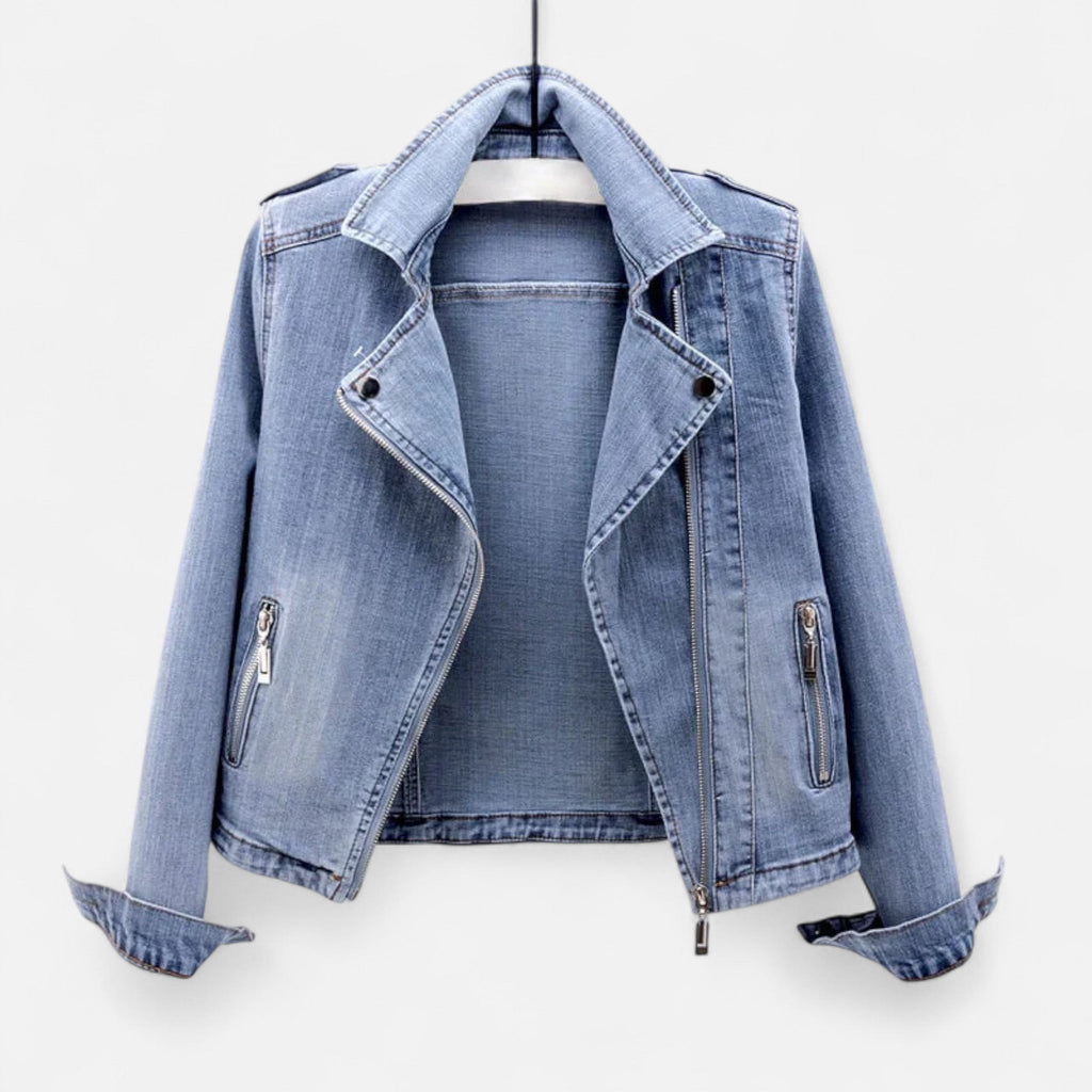 Women's light blue cropped denim jacket with lapel collar and zip pockets