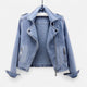 Women's light blue cropped denim jacket with lapel collar and zip pockets