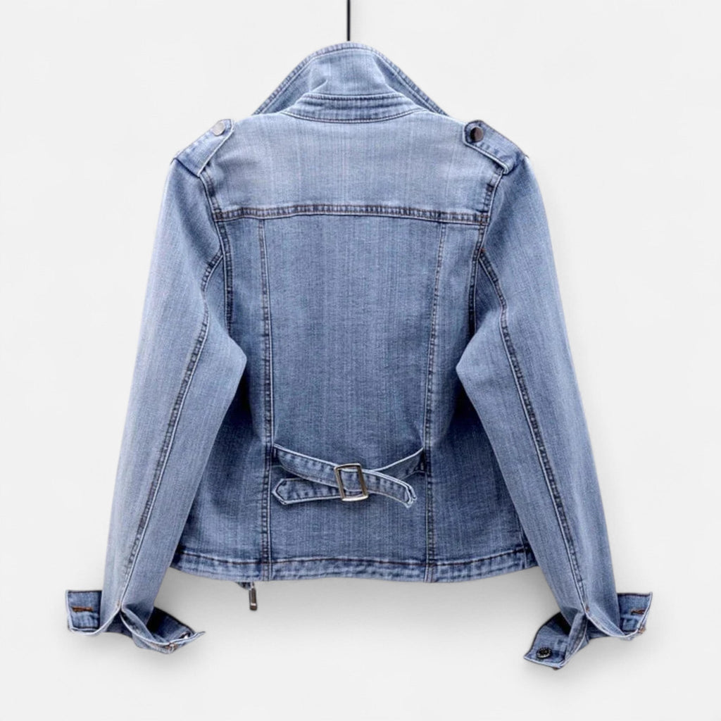 Women's light blue cropped denim jacket with lapel collar and zip pockets