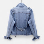 Women's light blue cropped denim jacket with lapel collar and zip pockets
