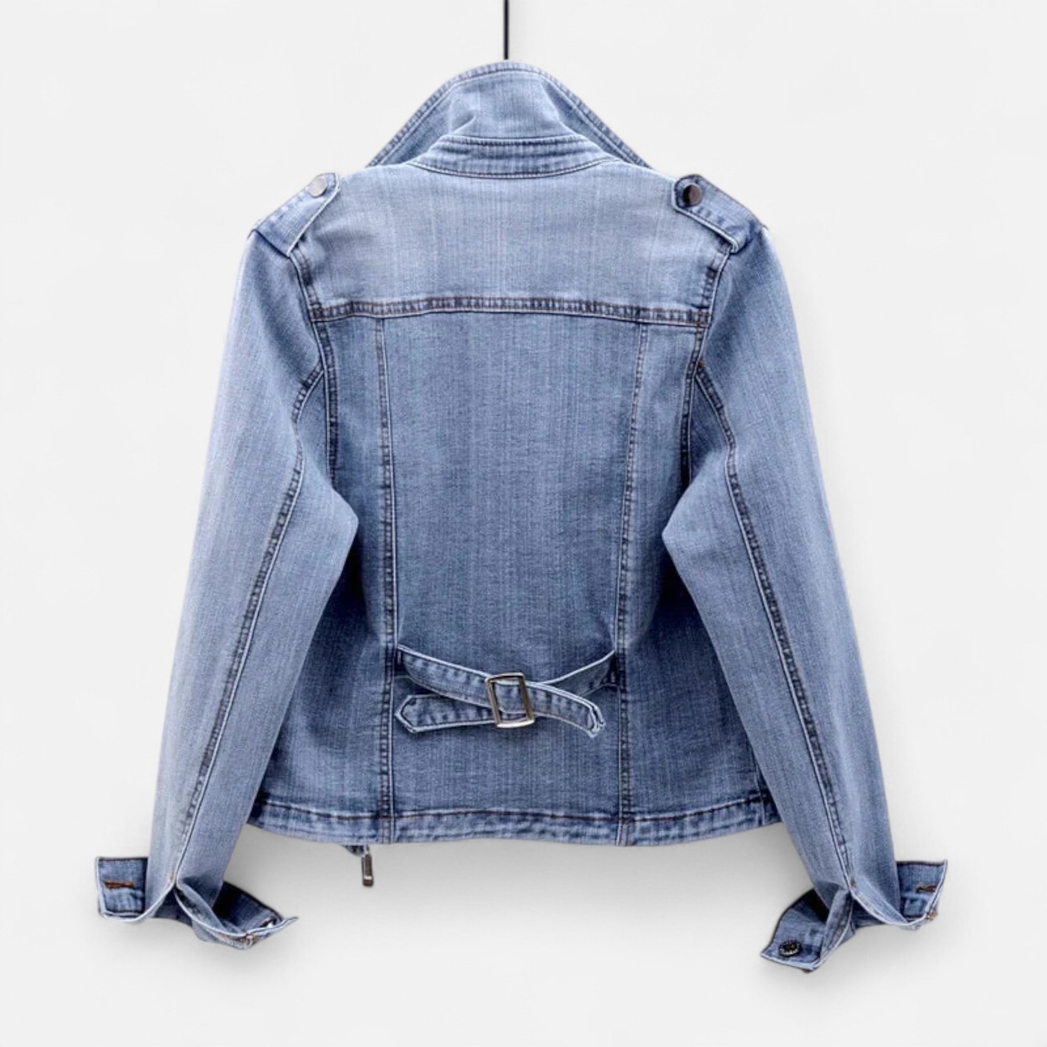 Women's light blue cropped denim jacket with lapel collar and zip pockets