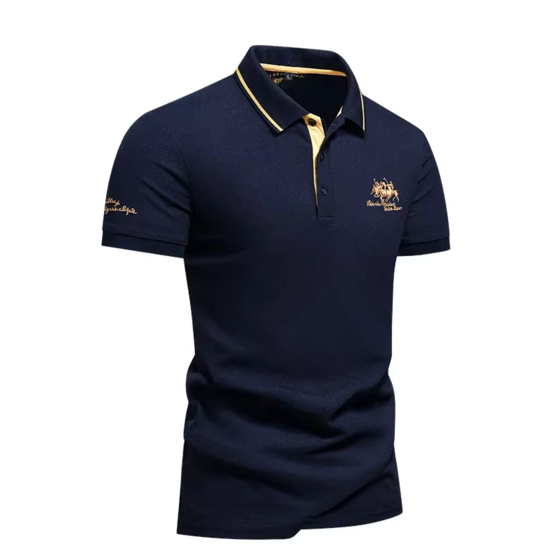 Men's short-sleeved polo shirt with contrast piped collar and embroidered chest and sleeve details