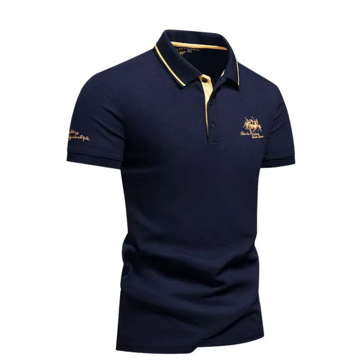 Men's short-sleeved polo shirt with contrast piped collar and embroidered chest and sleeve details