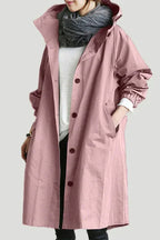 Women's long hooded raincoat with button front and side pockets