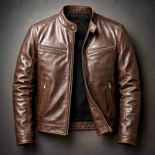 Men's structured biker jacket with raised collar, long sleeves and four zipped front pockets