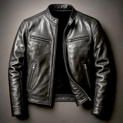 Men's structured biker jacket with raised collar, long sleeves and four zipped front pockets