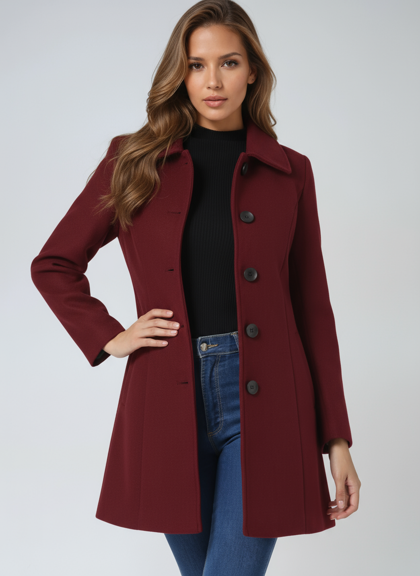 Women's single-breasted trench coat with pointed collar and long sleeves