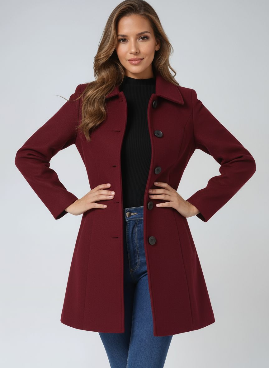 Women's single-breasted trench coat with pointed collar and long sleeves