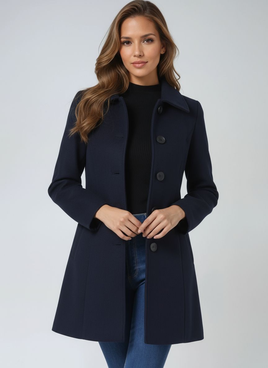 Women's single-breasted trench coat with pointed collar and long sleeves