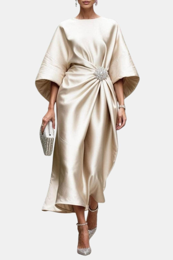 Women's Wide-Sleeve Satin Maxi Dress with Brooch