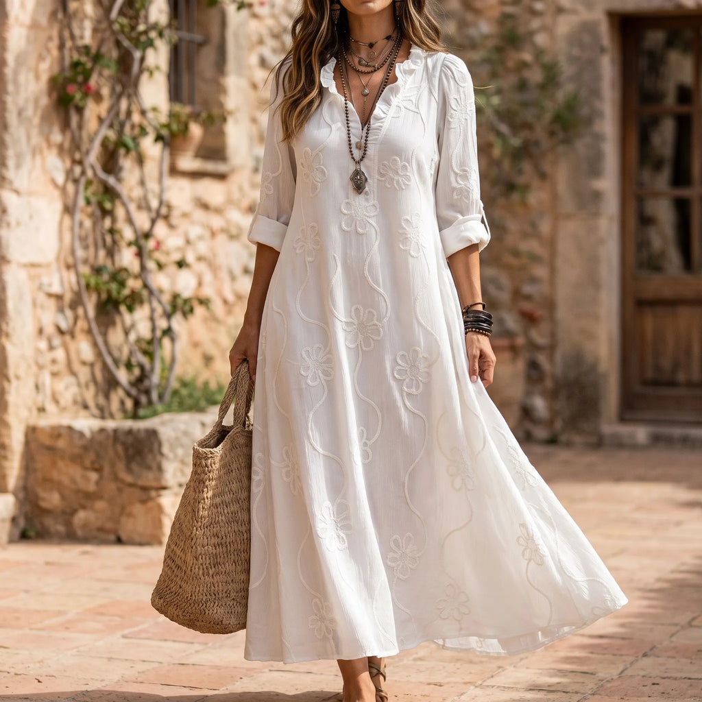 Veridia  - V-Neck Floral Embroidered Midi Dress Casual Daytime Outings