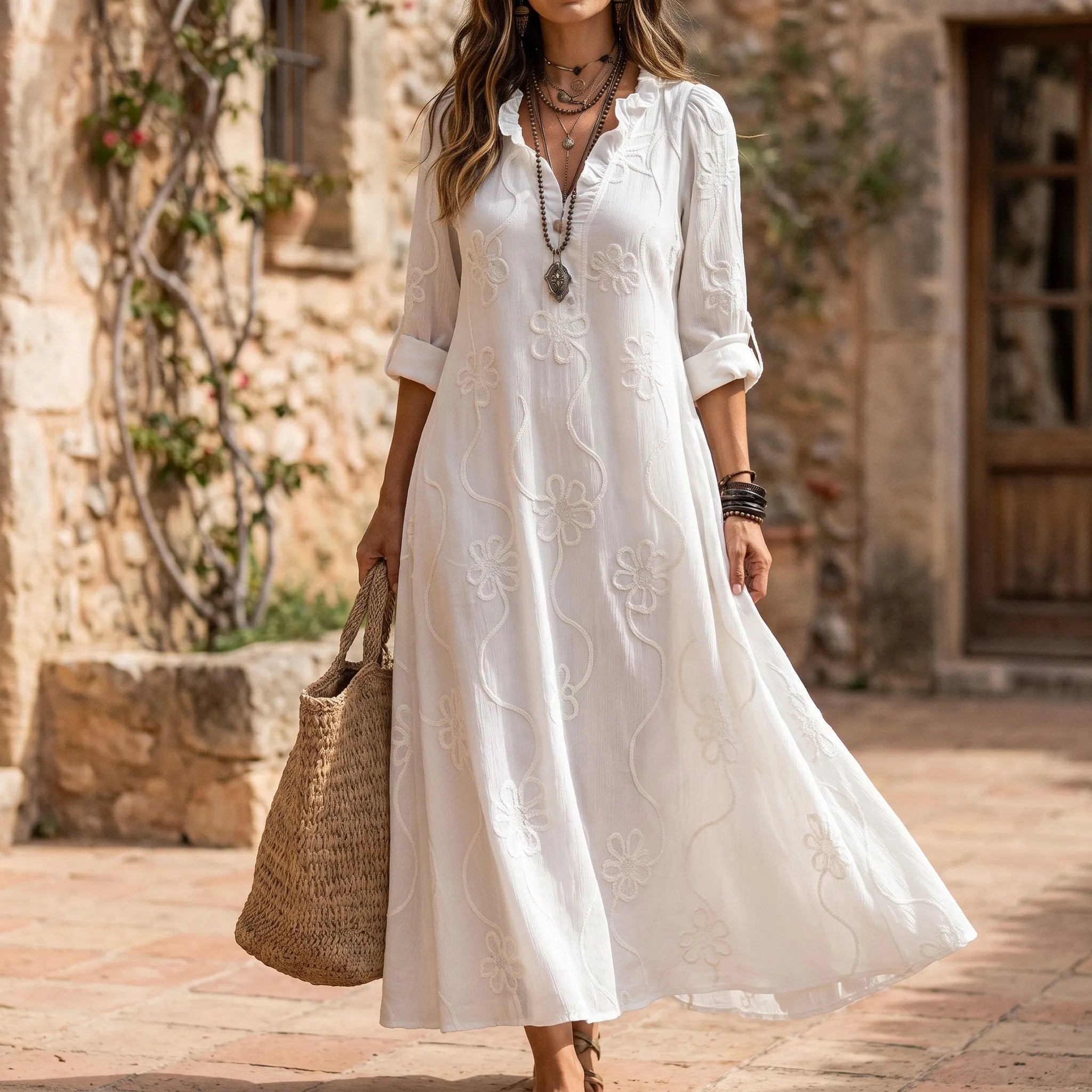 Veridia  - V-Neck Floral Embroidered Midi Dress Casual Daytime Outings