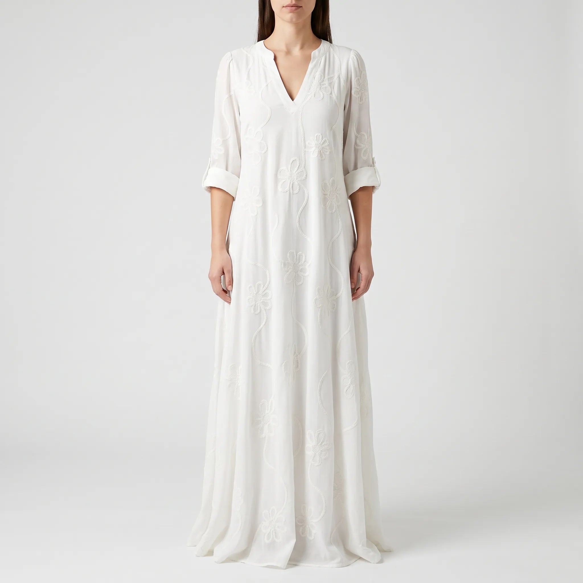 Veridia  - V-Neck Floral Embroidered Midi Dress Casual Daytime Outings