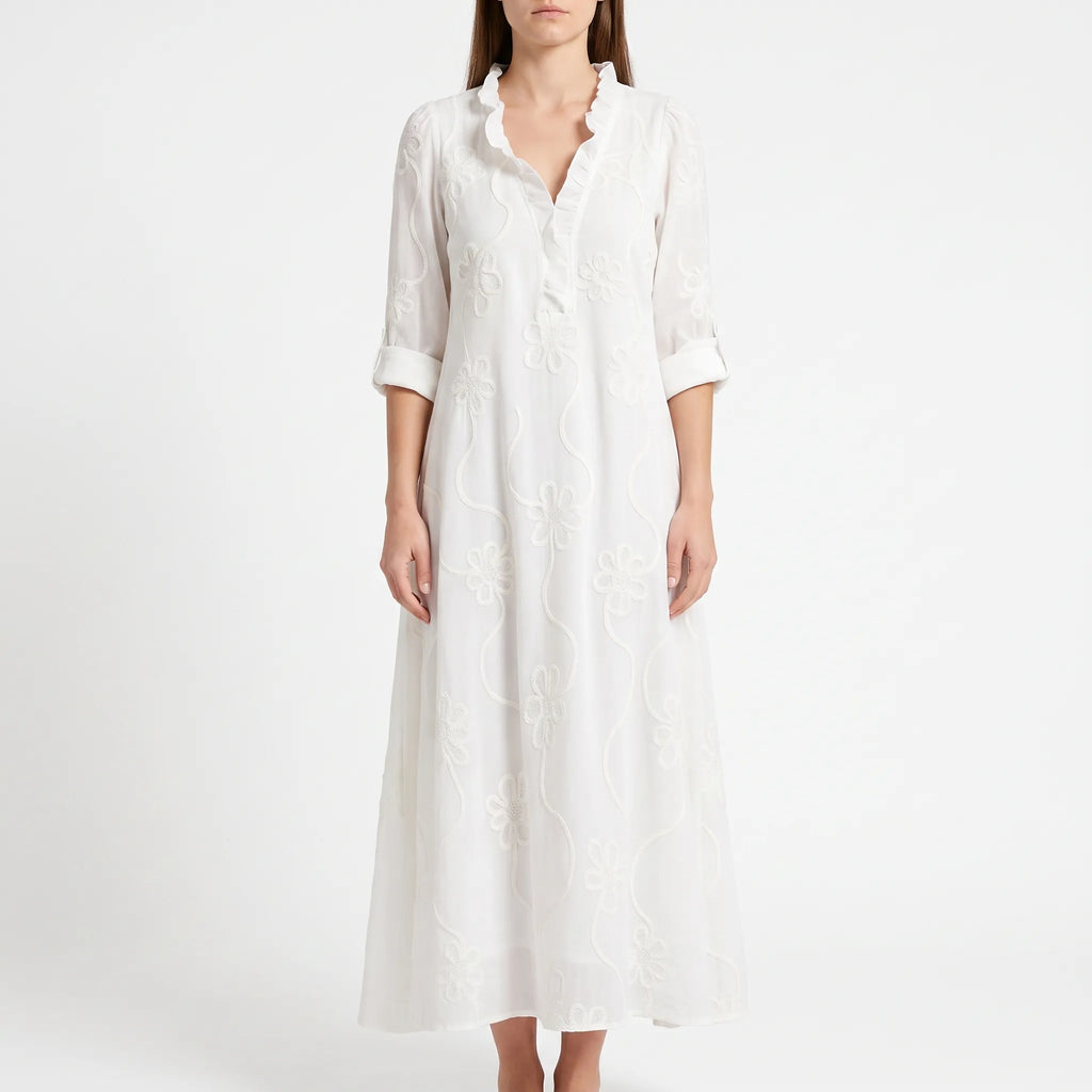 Veridia  - V-Neck Floral Embroidered Midi Dress Casual Daytime Outings