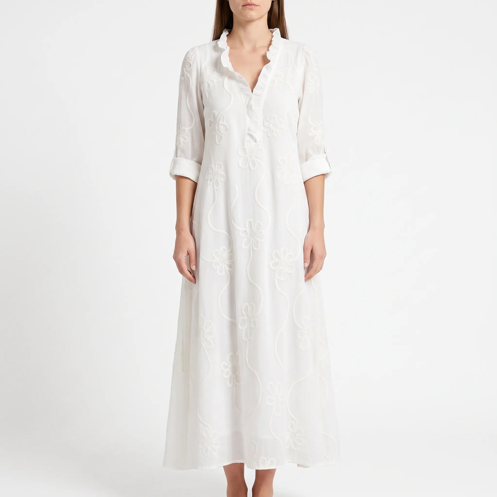 Veridia  - V-Neck Floral Embroidered Midi Dress Casual Daytime Outings