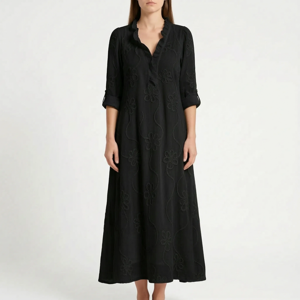 Veridia  - V-Neck Floral Embroidered Midi Dress Casual Daytime Outings