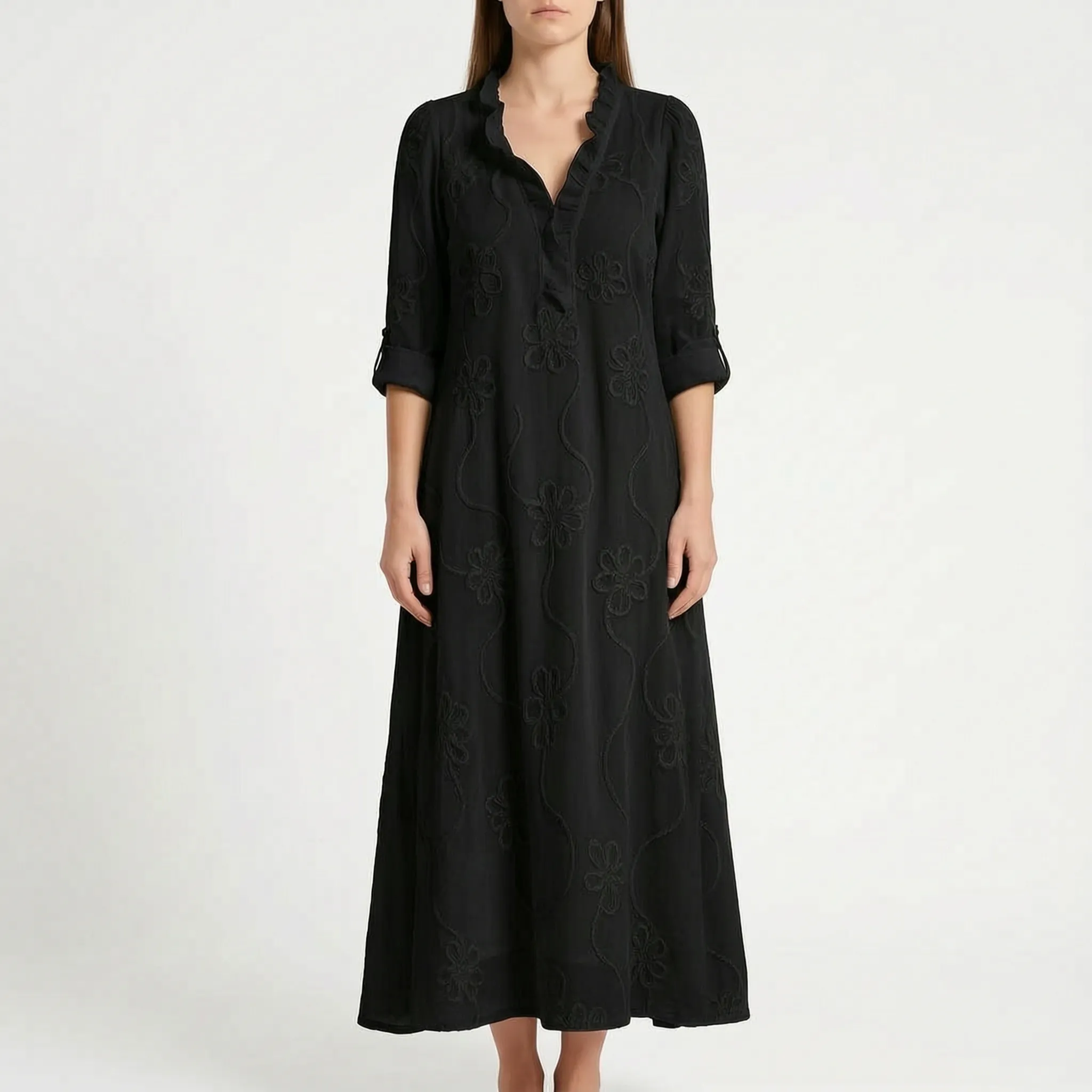 Veridia  - V-Neck Floral Embroidered Midi Dress Casual Daytime Outings