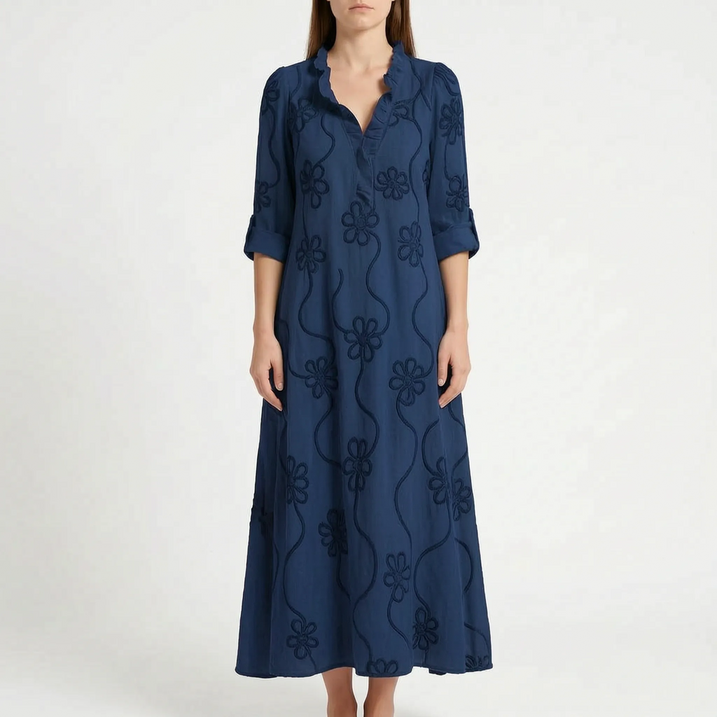 Veridia  - V-Neck Floral Embroidered Midi Dress Casual Daytime Outings