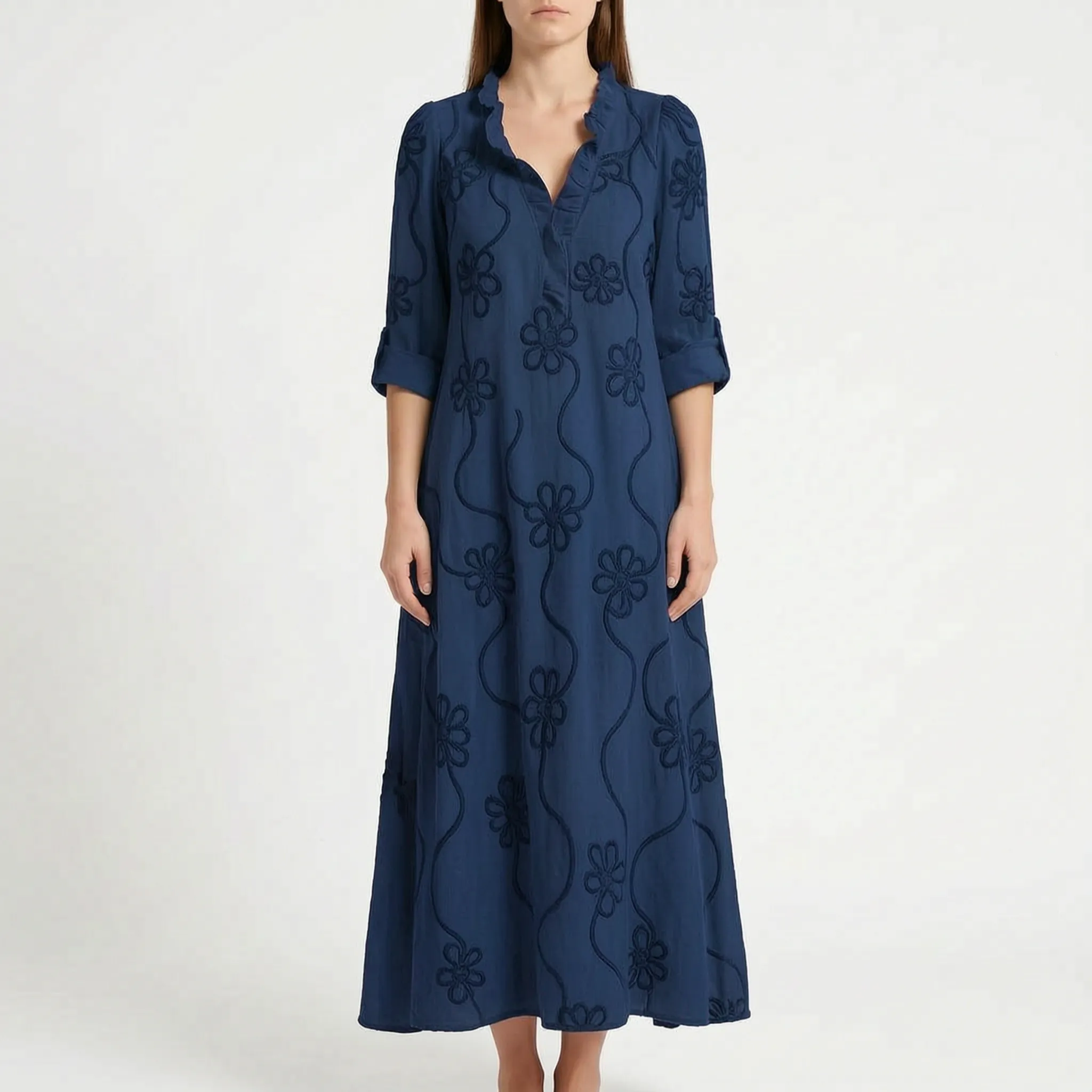 Veridia  - V-Neck Floral Embroidered Midi Dress Casual Daytime Outings