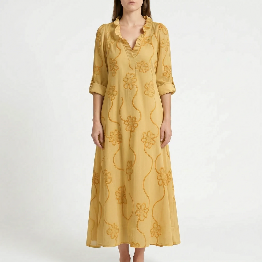 Veridia  - V-Neck Floral Embroidered Midi Dress Casual Daytime Outings