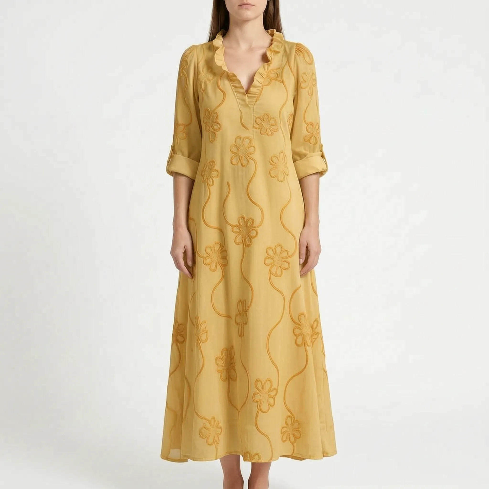 Veridia  - V-Neck Floral Embroidered Midi Dress Casual Daytime Outings