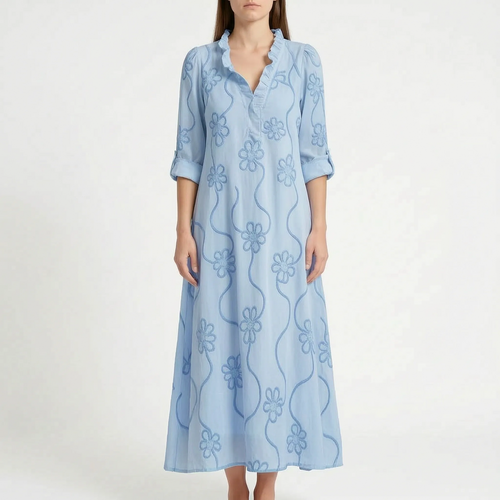Veridia  - V-Neck Floral Embroidered Midi Dress Casual Daytime Outings