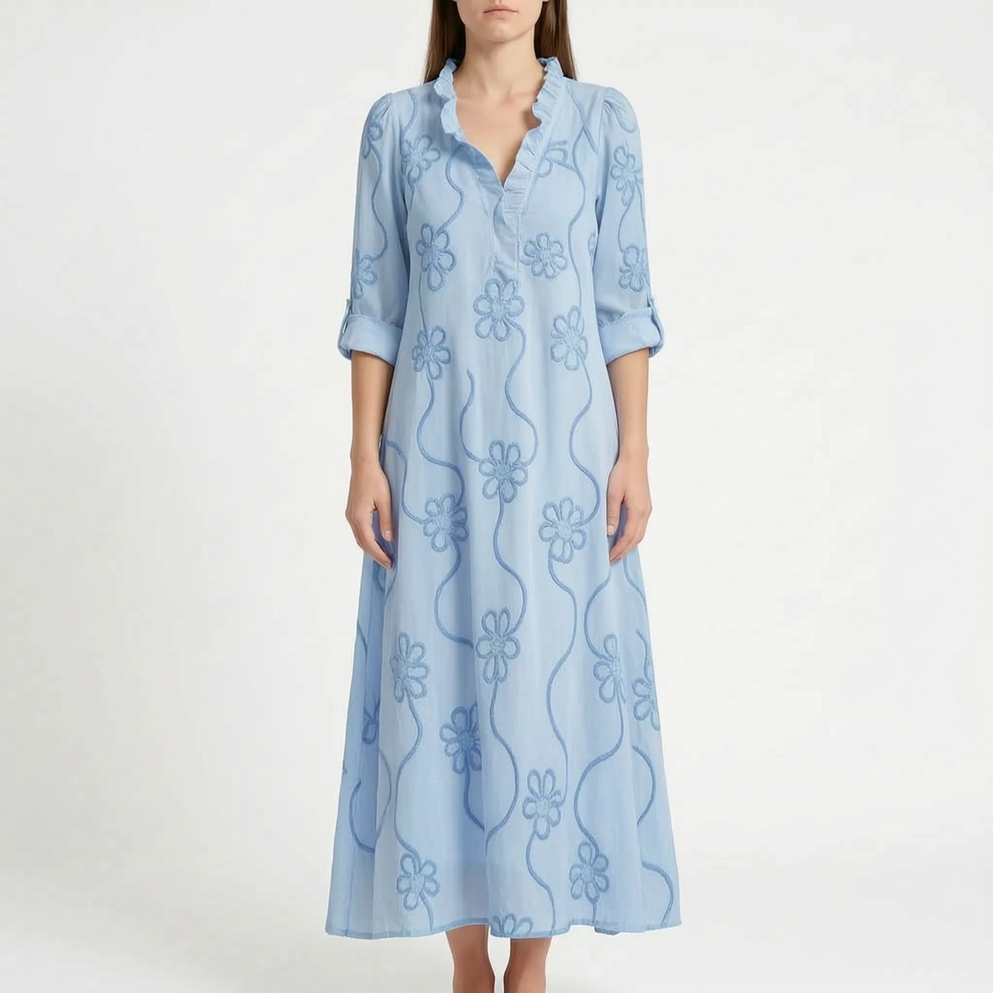 Veridia  - V-Neck Floral Embroidered Midi Dress Casual Daytime Outings