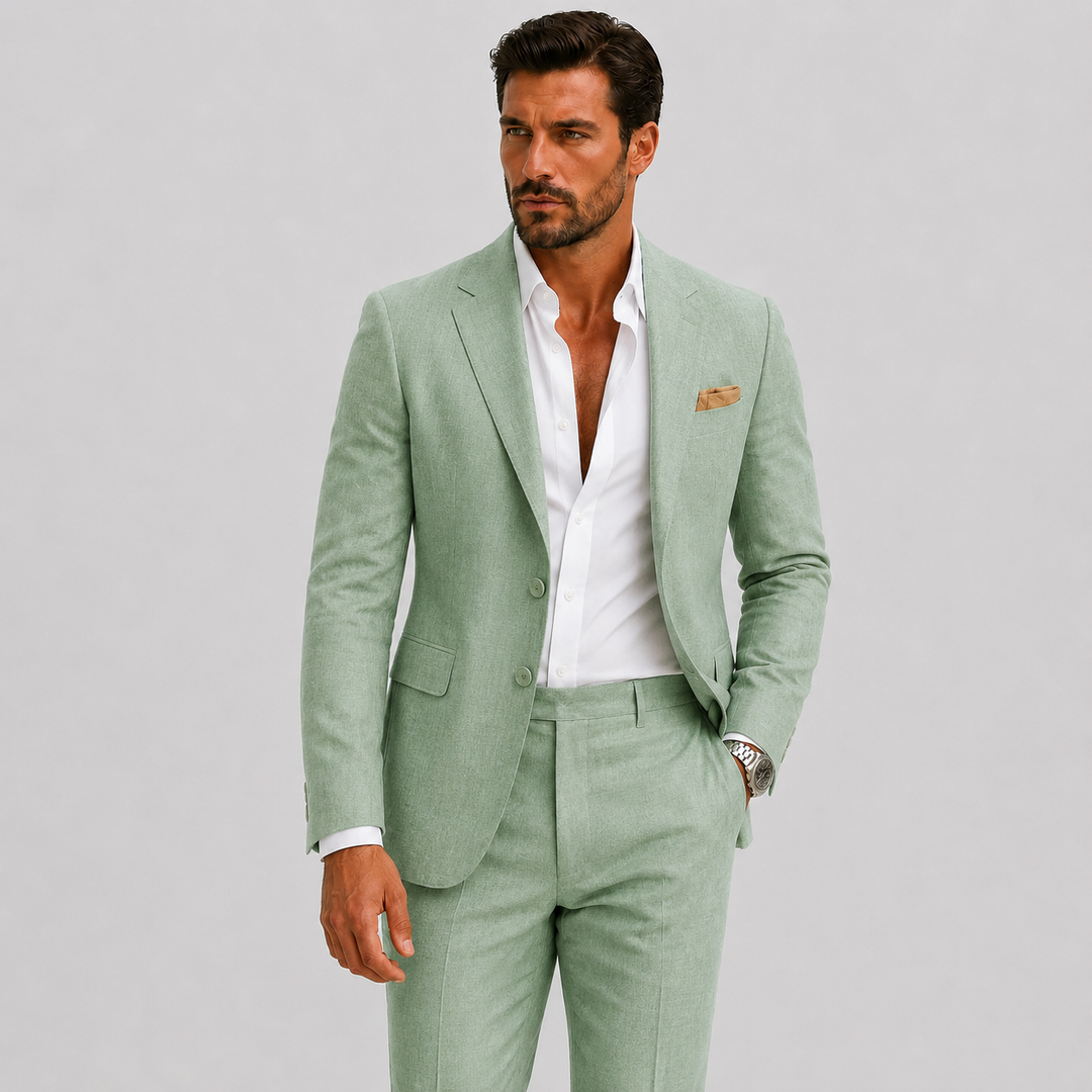 Men's tailored two-piece suit with notched lapels and matching trousers