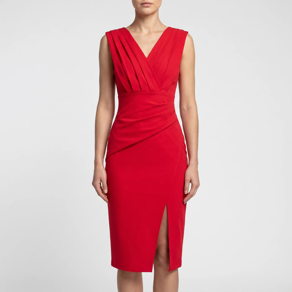 Vesperia  - Draped V-Neck Cocktail Midi Dress Wedding Receptions