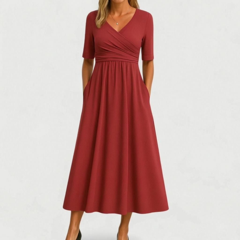 Vespiria  - Short-Sleeve Black Midi Dress Office Wear