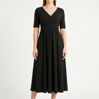 Vespiria  - Short-Sleeve Black Midi Dress Office Wear