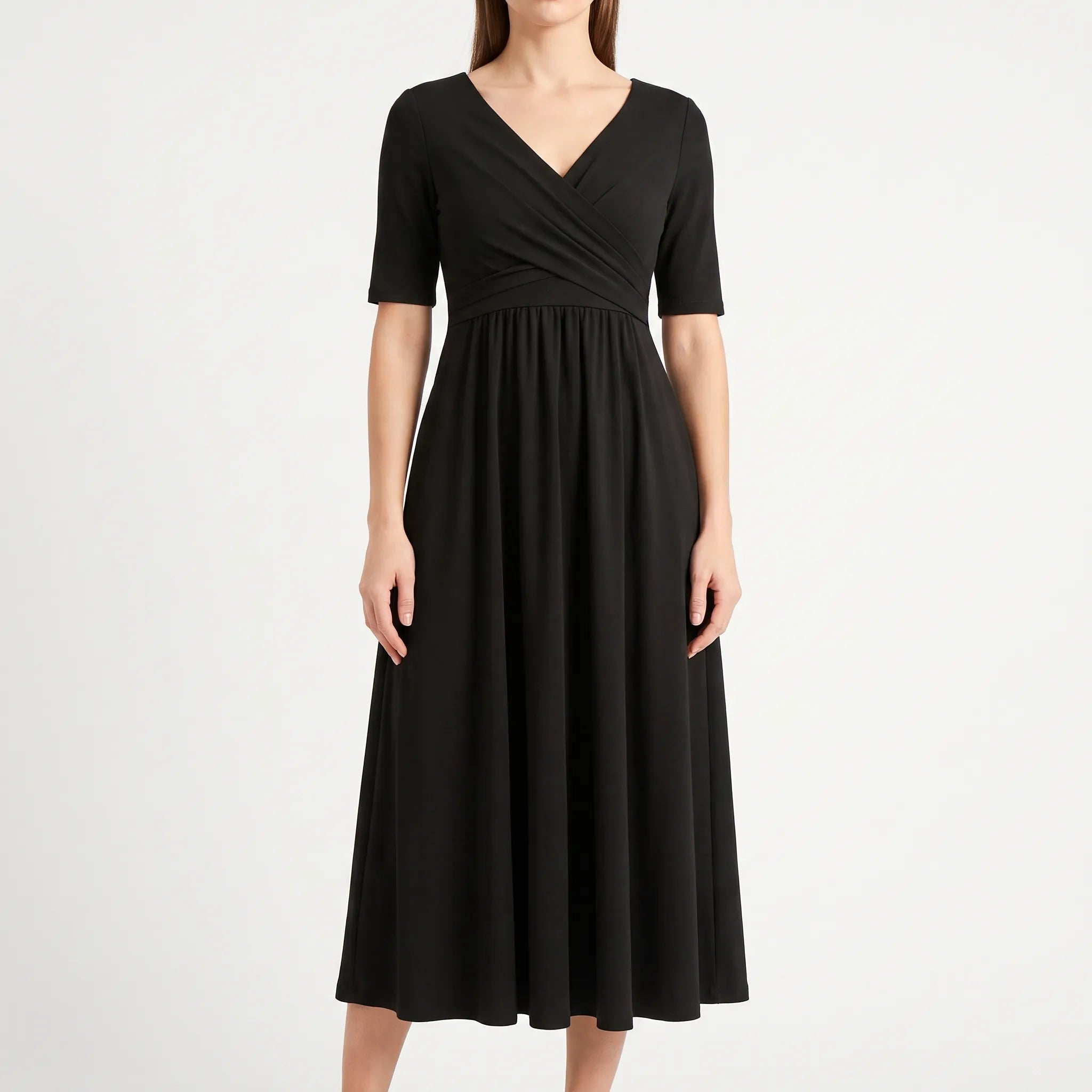 Vespiria  - Short-Sleeve Black Midi Dress Office Wear