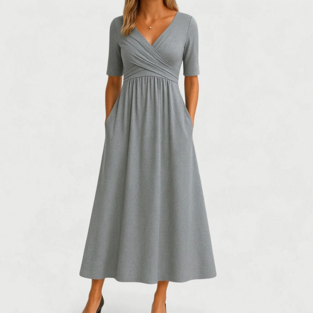 Vespiria  - Short-Sleeve Black Midi Dress Office Wear