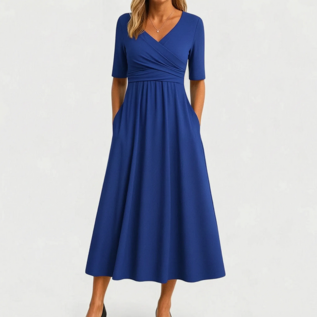 Vespiria  - Short-Sleeve Black Midi Dress Office Wear