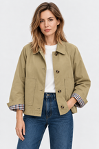 Women's short trench jacket with button front, patch pockets and checked turn-up cuffs