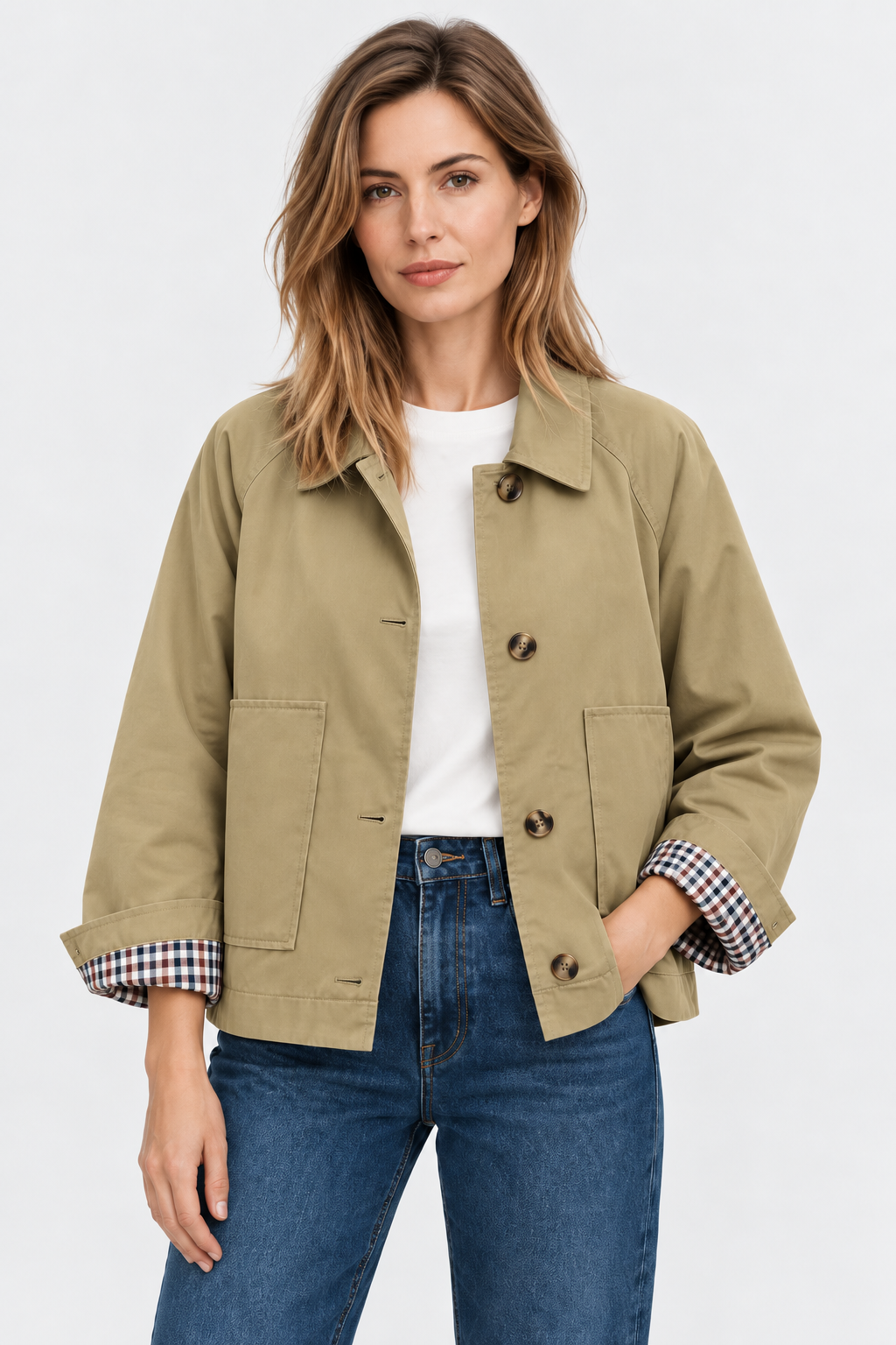 Women's short trench jacket with button front, patch pockets and checked turn-up cuffs