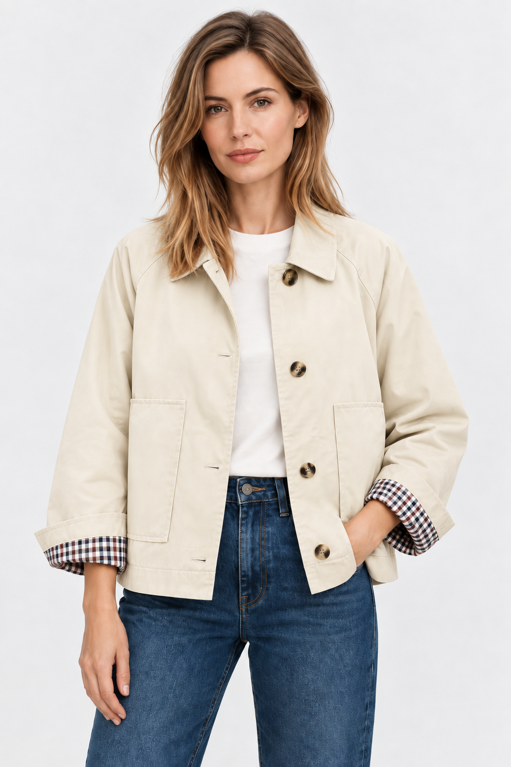 Women's short trench jacket with button front, patch pockets and checked turn-up cuffs