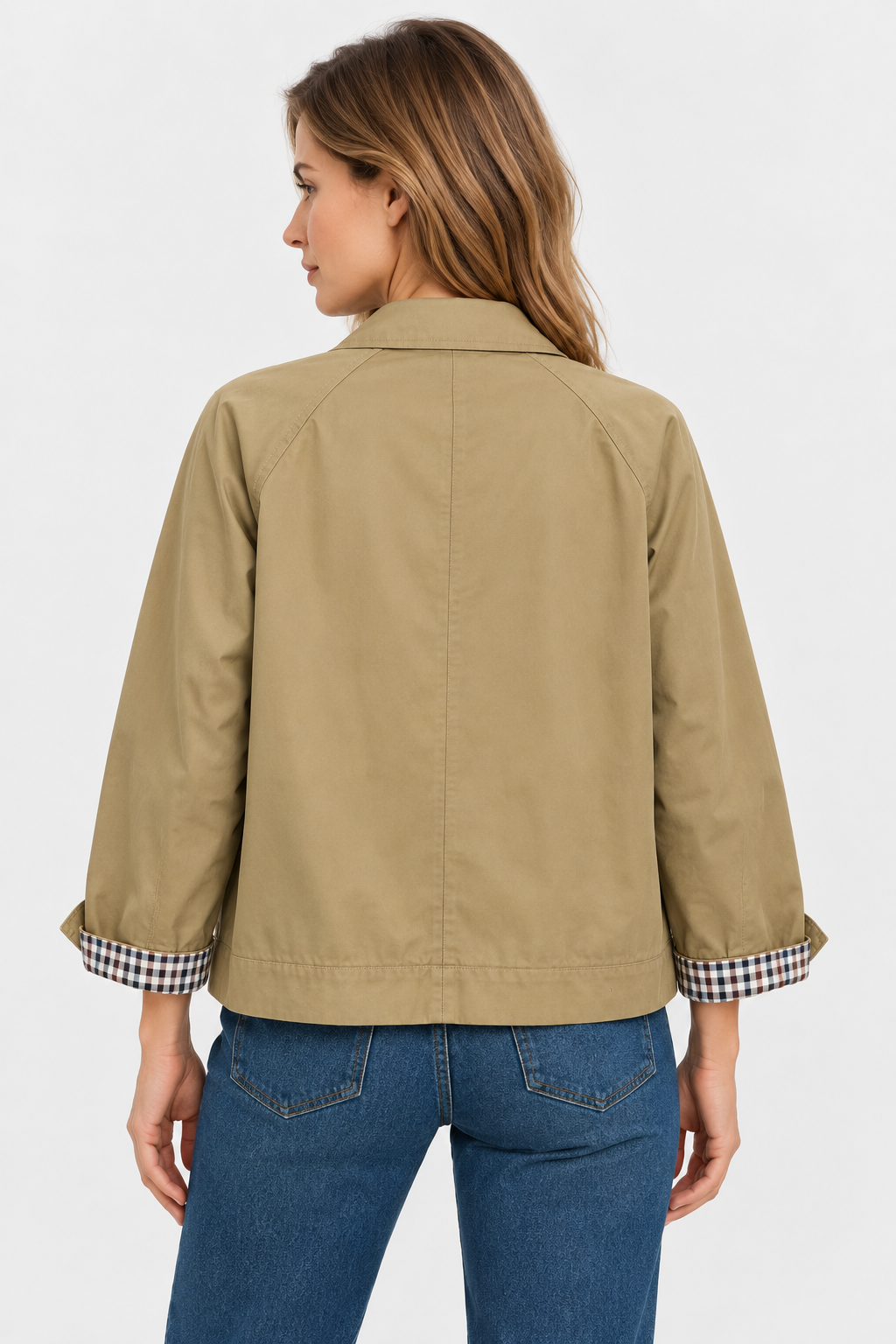 Women's short trench jacket with button front, patch pockets and checked turn-up cuffs